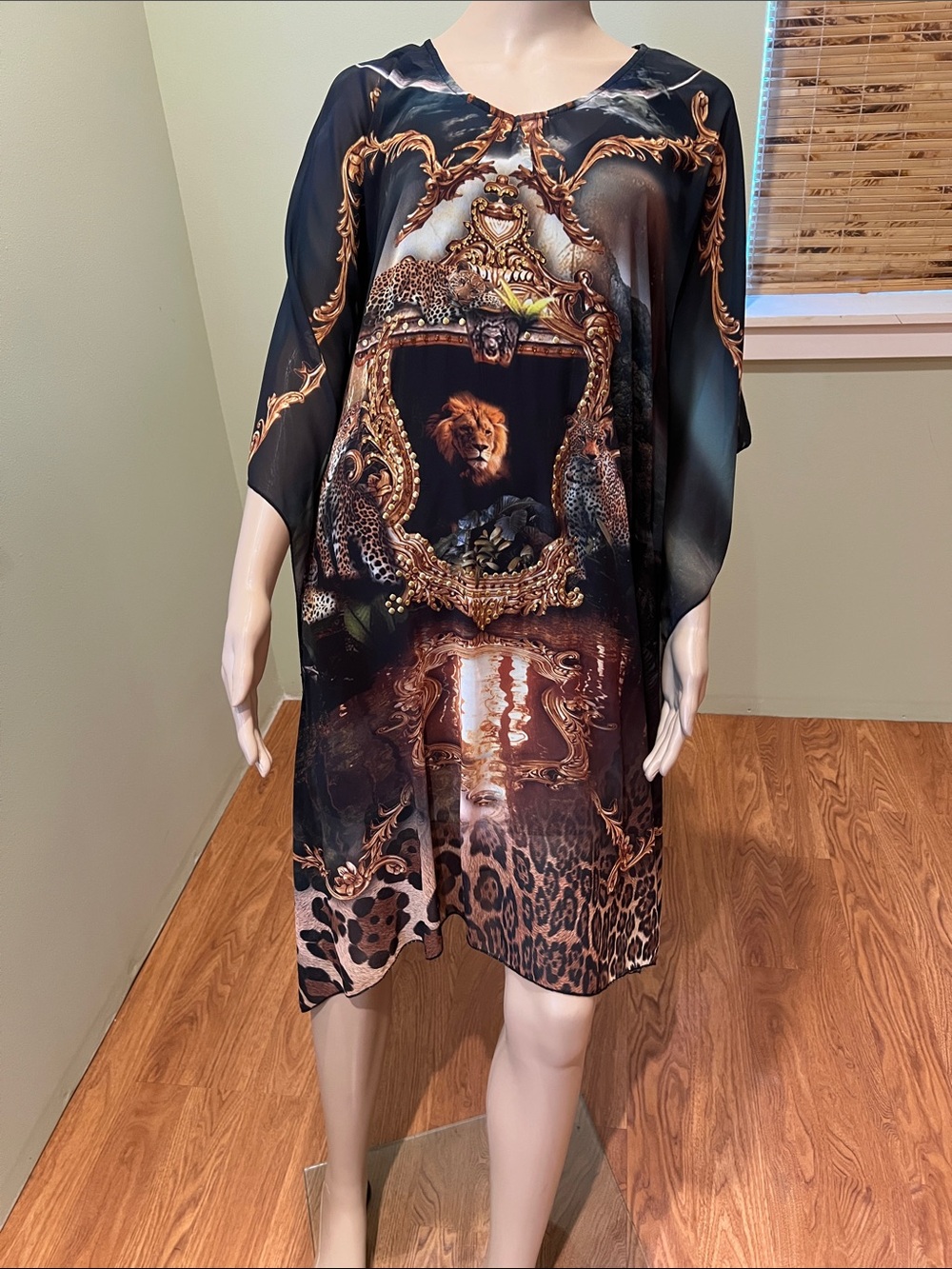 Animal & Baroque Silk Print Sheer Tunic Dress - Black & Brown Size L
